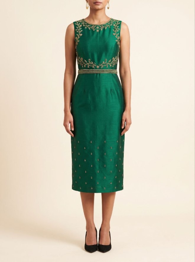 Emerald raw-silk midi dress