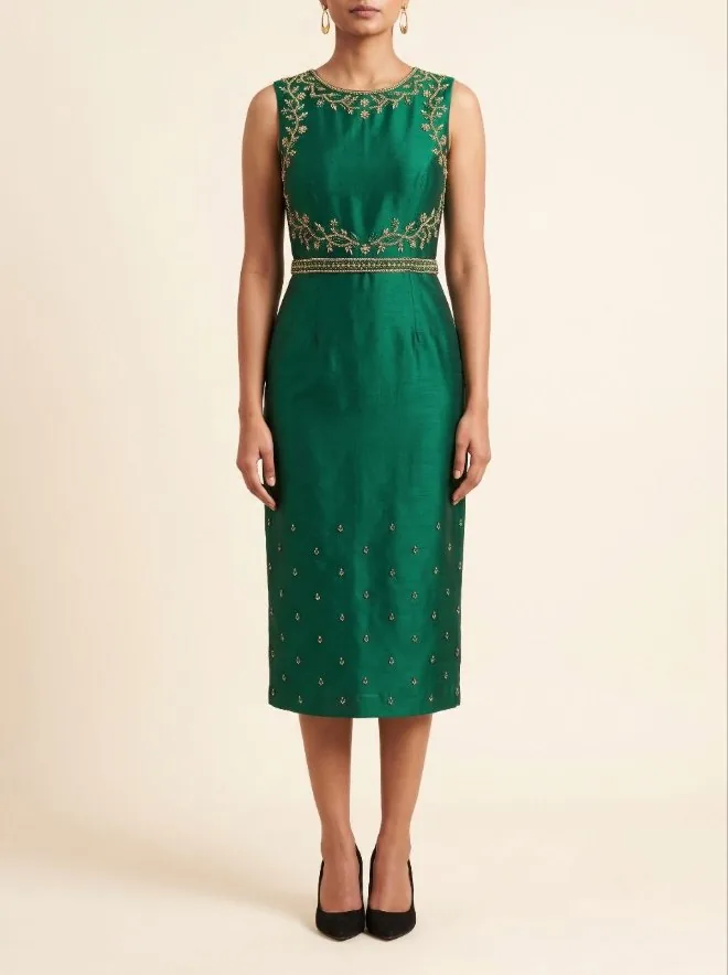 Emerald raw-silk midi dress