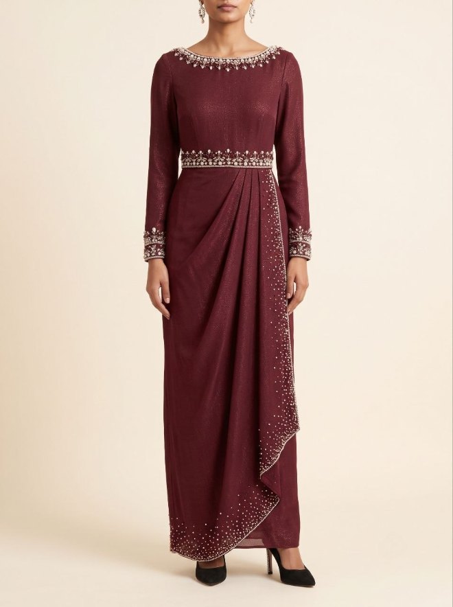 Wine draped gown