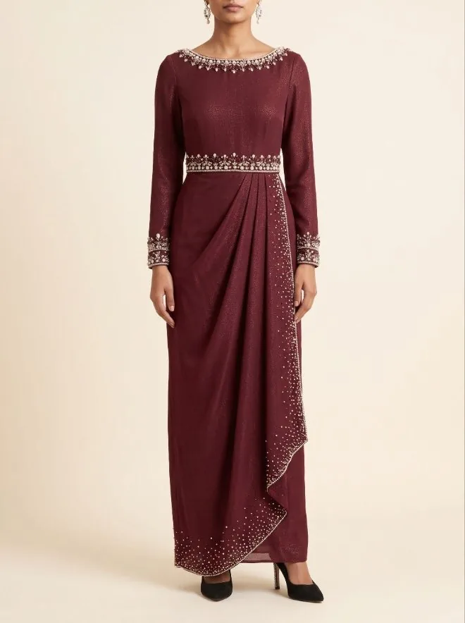 Wine draped gown