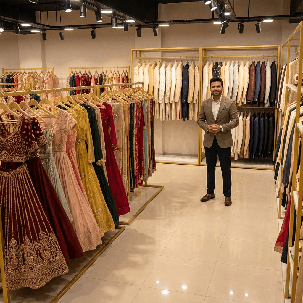 Rental shop owner beside a rack of occasion wear